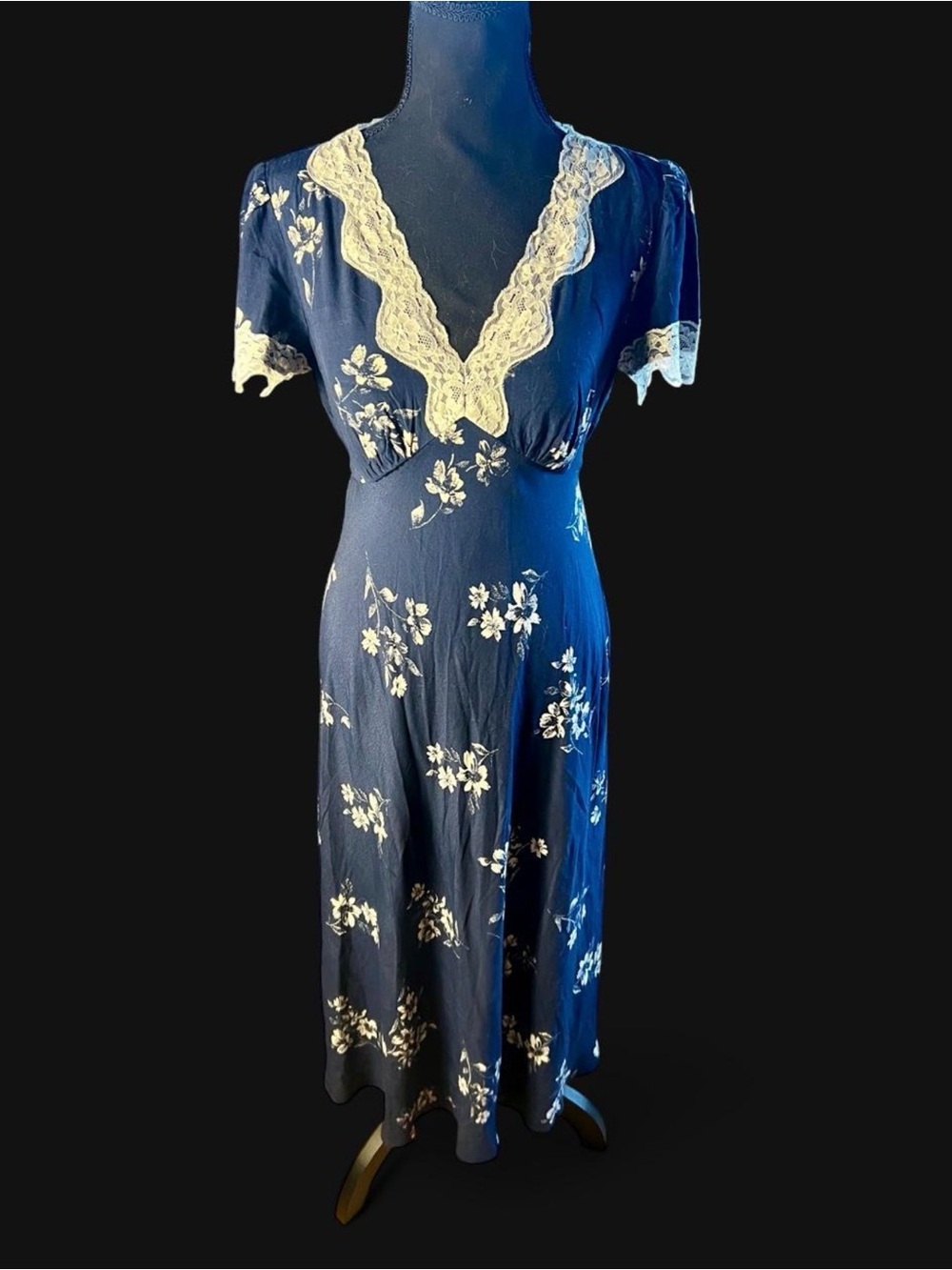 NWT A New Day XS Navy Floral Lace Trim Midi Dress Cottagecore Romantic